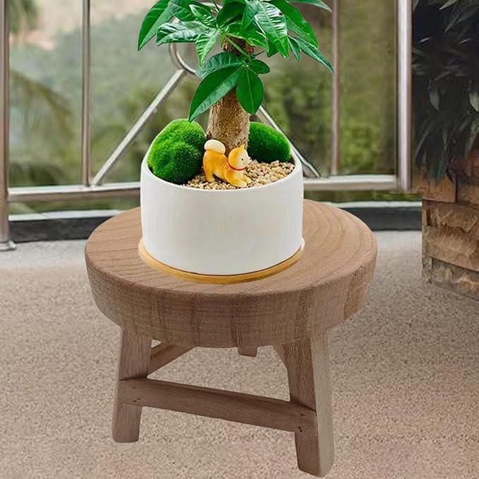 MYCENSE Wooden Stool Plant Stand for Indoor & Outdoor, Sturdy Flower Pot Stands Plants Shelf Potted Rack, Round Footstool, Decoration Racks for Home Office Garden Patio, C Wood 18x15cm