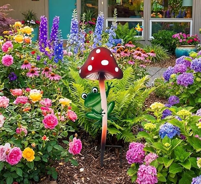 Napco Woodland Mushroom Frog 13.5 x 4.75 inches Red and Green Heavy Duty Metal Flower Plant Climbing Trellis Yard Art Stake, Indoor Outdoor Garden Décor