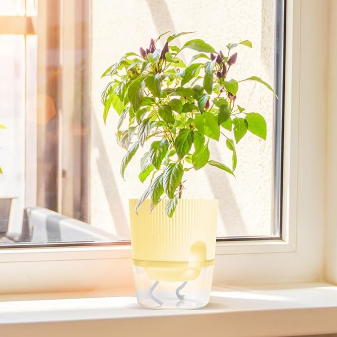 3 Pack Self Watering Planter Pots for Indoor Plants - 5.5 Inch African Violet Pots with Wick Rope - Yellow