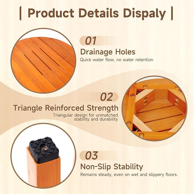 Round 16 Inch Bamboo Waterproof Shower Bathroom Stool Chair, Duty Wooden Bath Corner Shaving Legs Bench Seat (Honey Bamboo, XL)