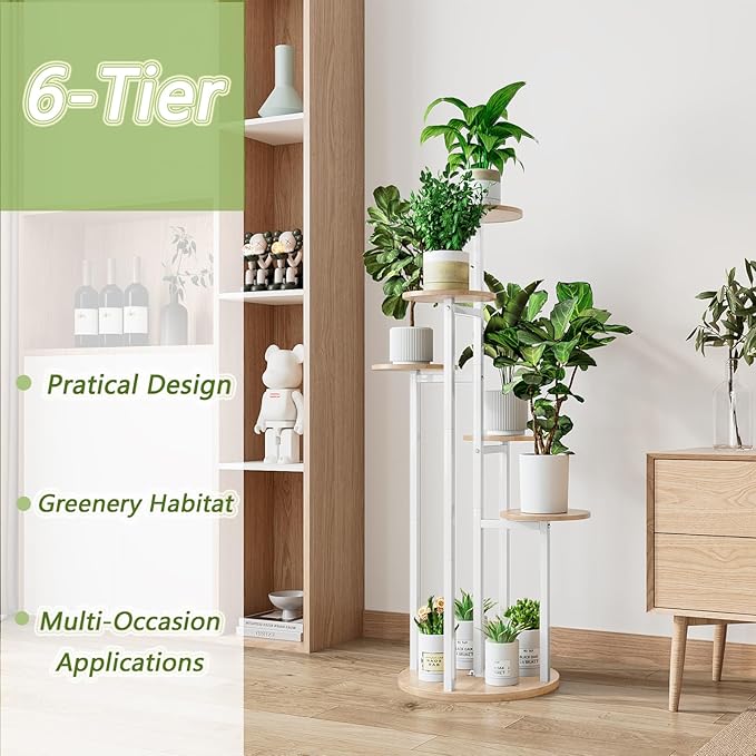 INGIORDAR Plant Stand Indoor Outdoor Corner Plant Shelf for Multiple Flower Pots Flower Stand Holder for Patio Garden Balcony Living Room (White+Sonoma Oak, 6 Tier)