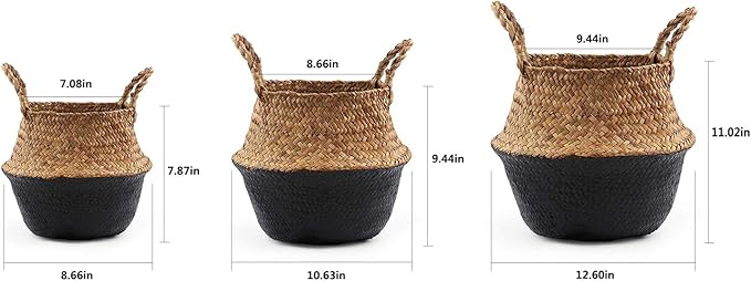 Woven Seagrass Belly Basket for Storage, Laundry, Picnic, Plant Pot Cover, and Grocery and Toy Storage (Black, Large)