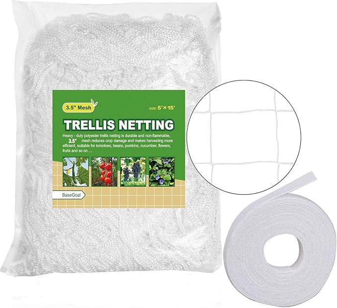 BaseGoal All-Weather Trellis Netting Mesh Plant Garden Vine Growing Flexible String Net (3.5" Mesh ployester, 5' Wx 15'L)