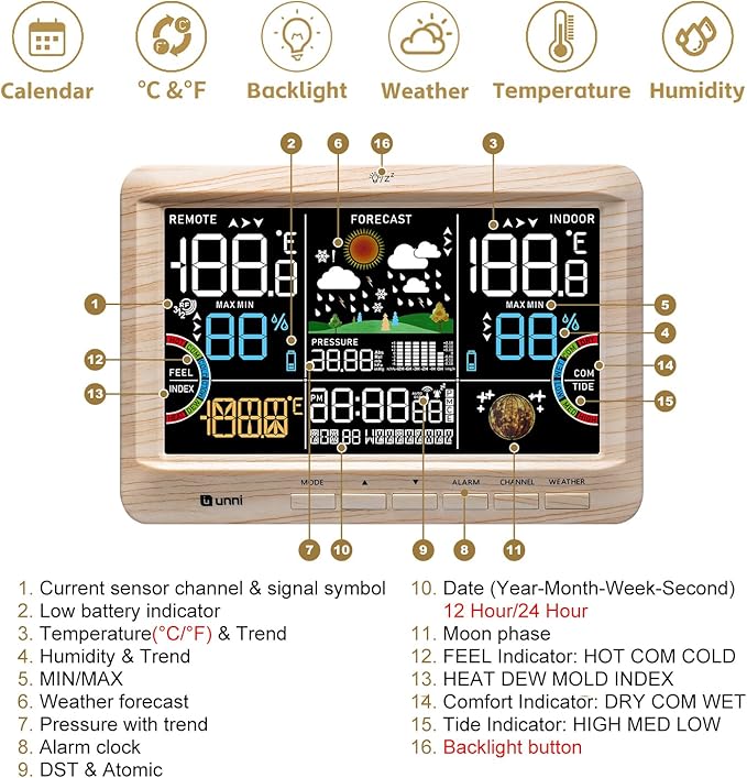 Weather Station Indoor Outdoor Thermometer Wireless, Home Atomic Clock with Large Constant Display, Inside Outside Temperature Humidity Monitor, Dew Heat Point, Barometer (WOOD01)