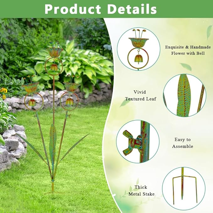 Calla Lily Garden Stake with Bells, Metal Flower Decorative Garden Stakes, 34" H Yard Art for Outdoor Lawn Patio Pathway Decor, Yellow