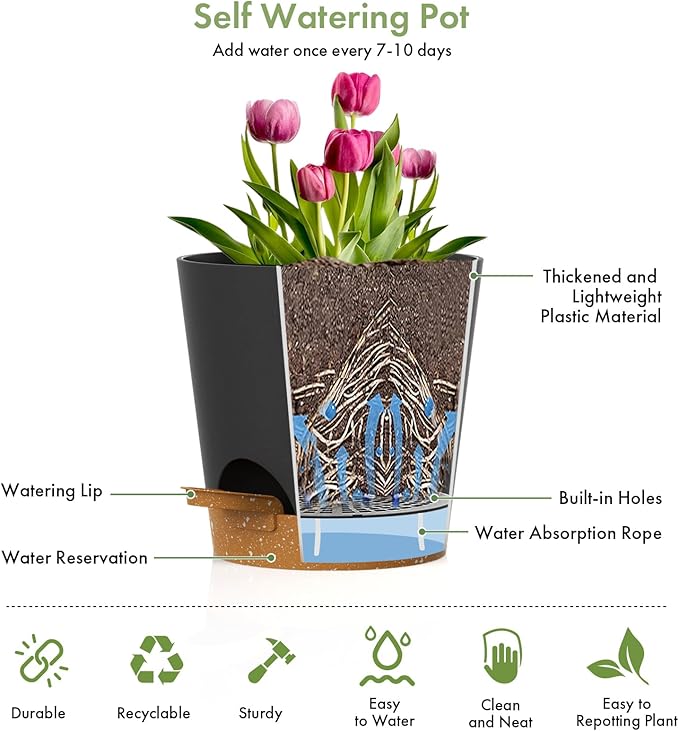 WSMKSZ 7/6.5/6/5.5/5/4 inch Self Watering Pots for Indoor Outdoor Plants, 6 Pack Plastic Flower Planters with Drainage Holes and Removable Saucers, Plant Pots with Wicking Rope, Black Brown