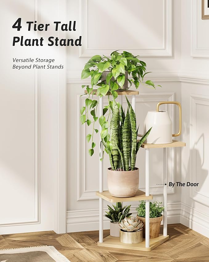 GENTINGBRO Tall Plant Stand Indoor 4 Tiered Plant Shelf for Multiple Plants Coner Shelf Stand Wood Plant Stand Metal Shelving for Living Room Bedroom Balcony Patio White
