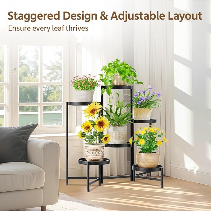 LASZOLA 6 Tier Large Plant Stand Indoor Tall with 10 Inch Metal Tray, Corner Folding Flower Display Rack, Modern Plant Holder Shelf for Outdoor Patio Porch Garden Office Living Room, Black
