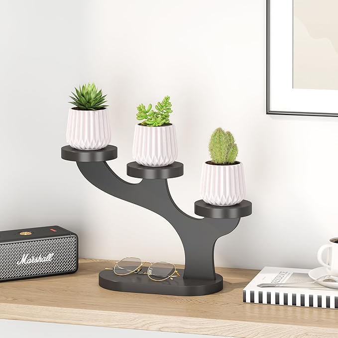 Bamboo Tabletop Plant Stand Indoor, 3 Tier Wood Desktop Small Plant Shelf Window Sill Flower Holder Mini Tiered Plant Display Rack for Patio Balcony Living Room Decor (black)