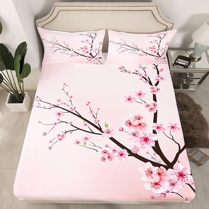 Feelyou Girls Sheets Full Cherry Blossom Floral Bed Sheet Set for Kids Women Teens Bedroom Super Soft Flowers Pink Decor Bedding Set (1 Flat Sheet,1 Deep Pocket Fitted Sheet, and 2 Pillow Case)