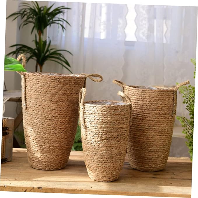 Large Seagrass Woven Basket for Plant Display Tall Pot Handle Multi-Purpose Desktop Planter for Home Decor