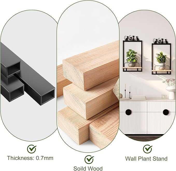 Shineled Wall Planter for Indoor Plants 2 Pack, Wall Mounted Plant Holder for Small Plants, Floating Wall Shelf for Plants, Real Oak Wood, Magnetic Animal Decor, Home Wall Decor (Cat)