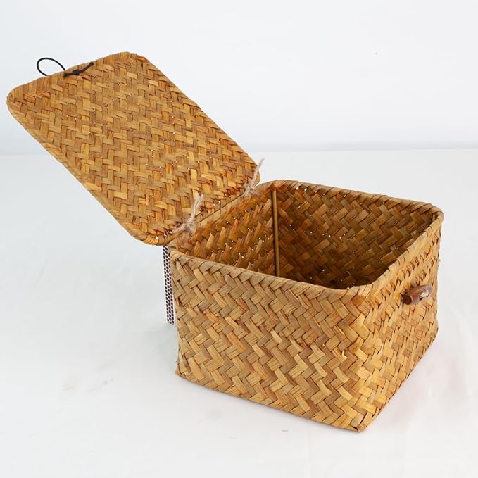 Seagrass Handmade Basket with Lid, Small Basket for Storage, Decorative Home Organizer Decor(5.5"L x 5.5"W x 4"H, Natural)