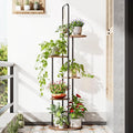 REFGY Tall Plant Stand Indoor - 5 Tier 6 Potted Vertical Plant Shelves with Hanging Hook - Multi-Tiered Wood Textured Plant Tower for Corner Space - Metal Plant Table for Home Office Decor, Rustic Brown