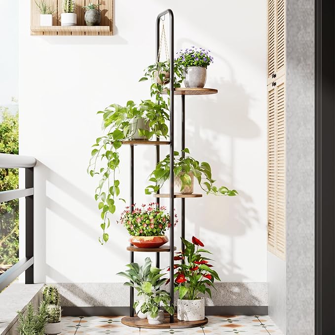 REFGY Tall Plant Stand Indoor - 5 Tier 6 Potted Vertical Plant Shelves with Hanging Hook - Multi-Tiered Wood Textured Plant Tower for Corner Space - Metal Plant Table for Home Office Decor, Rustic Brown