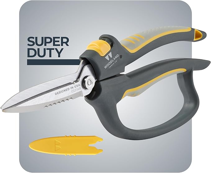 Woodland Tools Utility Snips – Super Duty Garden Snips with Serrated Trimming Scissors, Knife Edge, Wire and Twine Cutter, Stainless Steel Construction, Sheath Included – Plant Scissors for Yard Work