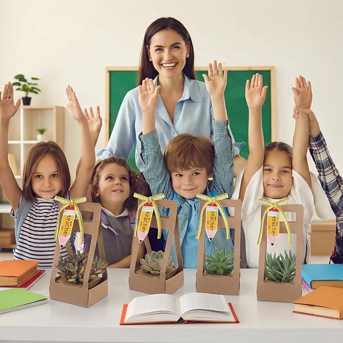 AmazingSpark 24 Pcs Teacher Appreciation Gift - Succulent Wrap Bags with Pencil Pattern Cards Bulk Kraft Paper Succulent Box for 2 Inch Pots for Teacher Graduation End of Year Gift