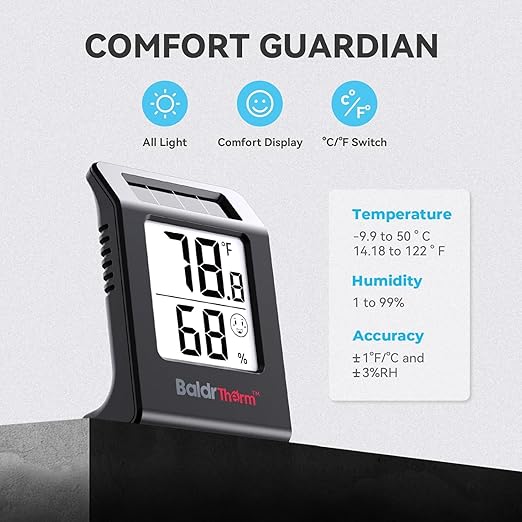 2.2'' Digital Thermometer and Hygrometer Meter, Solar-Powered Indoor Temperature Sensor Humidity Monitor, Humidity Gauge for Baby Rooms, Bedrooms, Home, Office, and Wine Cellars, Black, 2Pack