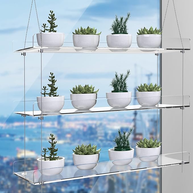 2-Pack Adjustable Clear Acrylic Plant Stands for Windows – 16" Transparent Hanging Window Plant Racks for Indoor Garden, Herbs, or Home Decor in Kitchen & Bedroom
