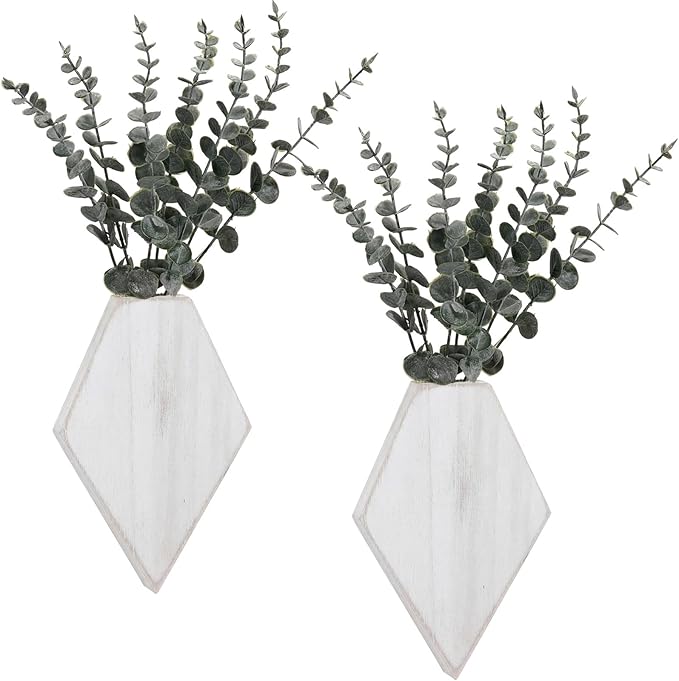 Chunful 2 Pcs Wooden Wall Planter Decor Hanging Faux Plants Greenery Flowers Holder Vase Boxes for Wall Bohemian Farmhouse Room Kitchen Office Indoor Decoration(Retro White,9.8 x 6.6 x 1.2 Inches)