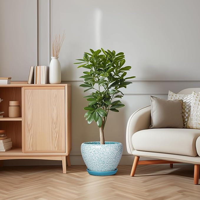 Ceramic Flower Pots - 10 Inch Ceramic Planter with Drainage Hole and Tray, Large Planters for Indoor Outdoor Plants, Decorative Planter, Living Room Decor, Plant Lover Gifts, Crackle Blue