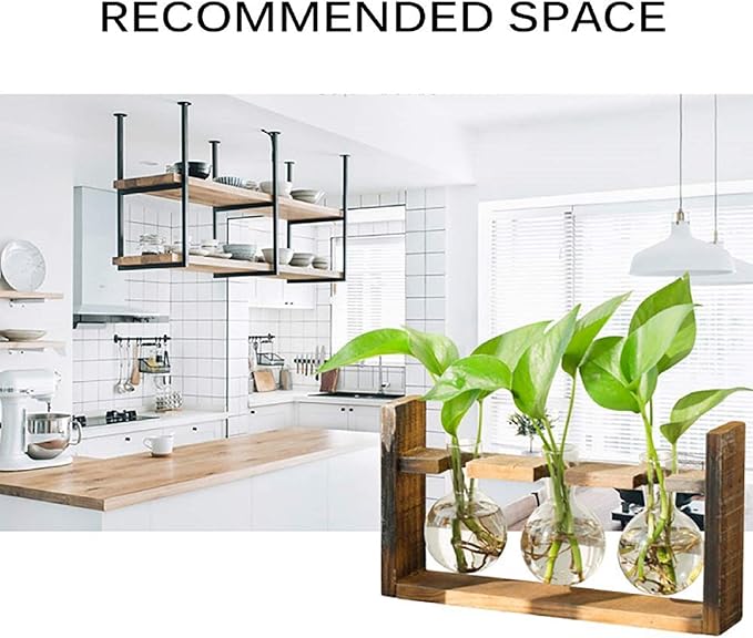 Kingbuy Glass Plant Terrarium with Retro Wood Stand – 3 Bulbs Propagation Station, Indoor Garden Planter & Bulb Vase, Desktop Decor for Home Kitchen Wedding, Gift for Women and Plant Lovers