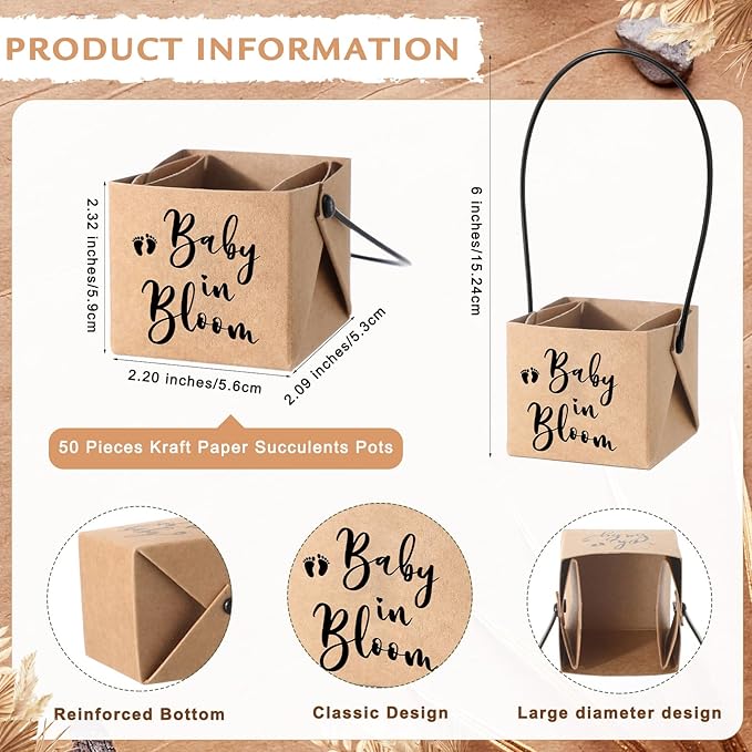 Geetery 101 Pcs Succulent Baby Shower Party Favors for Guests Include 1 Wooden Table Sign 50 Kraft Succulent Pots and 50 Tags for Baby Shower Party Gifts(Boho)