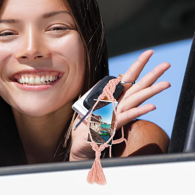JenPen 4 Pcs Car Picture Hanger Frames Macrame Holder for Car Photo Display Bohemian Hanging Accessories Rearview Mirror Pendant Ornaments Boho Wall Decor