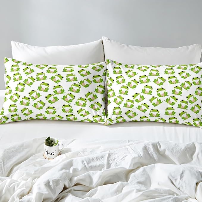 Feelyou Kids Frog Sheet Set Cute Green Frogs Bed Sheets for Boys Girls Children Wild Animal Decor Bed Sheet Set Kawaii Pattern Bedding Set Bedroom Bed Set with Deep Pocket Fitted Sheet 4Pcs King Size
