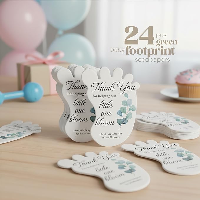 24pcs Green Footprint-Shaped Gift Tags with Wildflower Seeds - Writable Gift Wrap Tags for Baby Showers, Mother's Day Present, Party Favors, DIY Crafts, & Earth Day Decorations