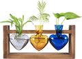 Kingbuy 3-Heart Plant Terrarium Kit with Vintage Wood Stand - Stained Glass Vase Propagation Station, Wall-Mounted & Tabletop Indoor Decor for Home Kitchen Wedding Gift (Grey, Amber, Blue)