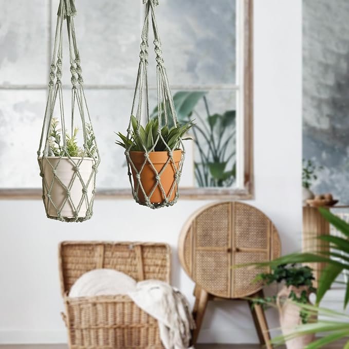 Artilady Macrame Hanging Planter for Indoor Plants, Boho Woven Plant Hanger Large Hanging Flower Pot Holders Outdoor Baskets Storage No Tassels Sage Green Wall Decor (Sage Green-2pcs)