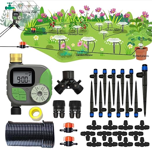 64FT Drip Irrigation Kit with Garden Timer Plant Watering System with Tubing Gushing Nozzles and Water Timer, Quick Connector Kits Easy to Assemble