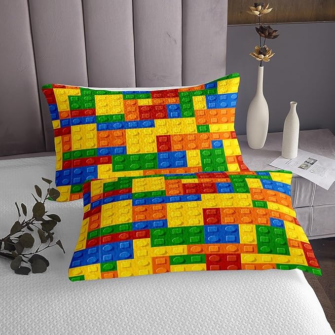 Feelyou Kids Games Bed Sheet Set King Size Color Building Blocks Sheet Set Toy Brick Sheets for Boys Girls Bedroom Nursery Bedding Set with Flat Sheet Fitted Sheet Pillowcase 4Pcs