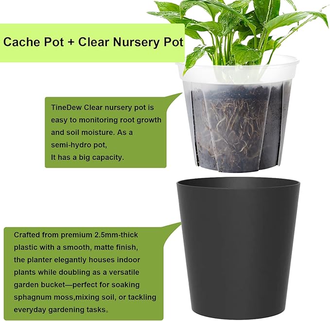 4 Pack of 7in and 5in Double-Layer Self-Watering Pot with Clear nusery Pot - Indoor Planter with Drainage for Root Visibility,semi Hydro pots for repotting Orchids,Aroid or Monstera,Black