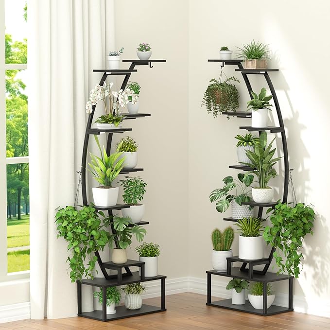 Plant Stand Shelf Indoor with 8 Grow Light, 10 Tiered 65" Tall Black Large Half Moon Lighted Plant Rack Holder, 2 Pack Big High Circular Arch Multi Herb Stand with Built in LED Grow Light Set