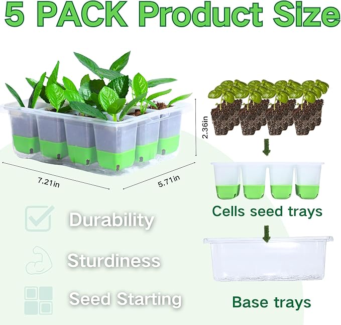 Seed Starter Tray,5-Pack Reusable Silicone Seed Starter Tray with 5 Base Trays,Foldable Design for Easy Transplanting,Indoor Gardening Supplies for Vegetables, Flowers & Herbs,60 Cells Total