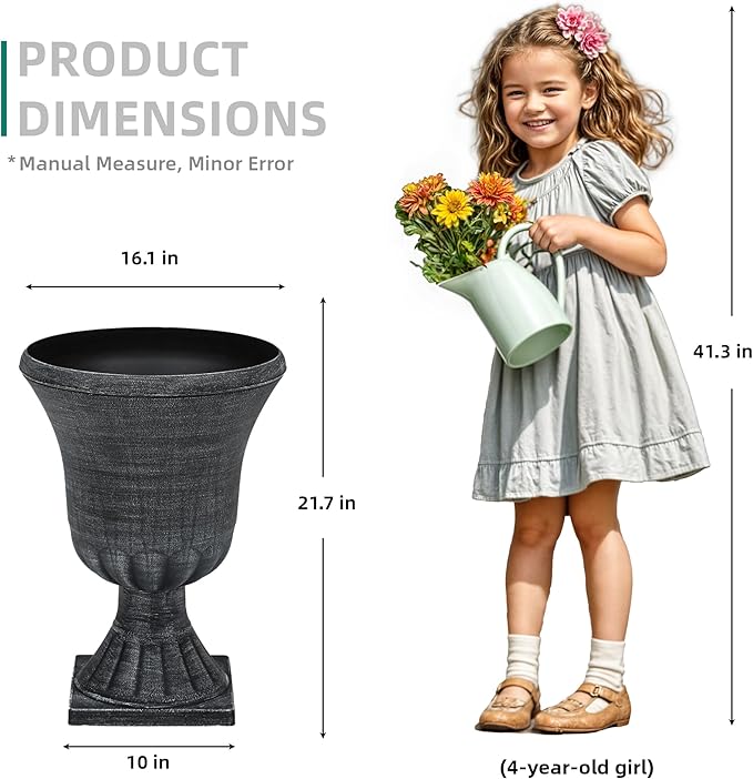 Autodaya 22" Timeless Urn Planters for Outdoor Plants, Set of 2 Plastic Large Flower Pot with Handmade Washed Black Finish, Weather-Resistant for Porch, Garden, Patio or Indoor Use
