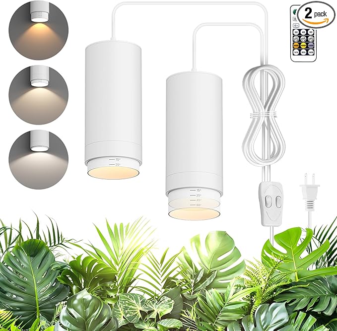 Zoomable Remote Pendant Grow Lights with Auto On/Off Timer, 2X 30W Full Spectrum LED Plant Light 2700K-6000K Dimmable Plug in Hanging Lights for Indoor Plants 20FT Power Cord, White 2PCS