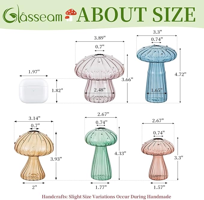 Glasseam Mushroom Propagation Stations for Plants: Colored Hand-Blown Cute Glass Planters for Indoor Plants - 5Pcs Small Hydroponic Terrarium Jars for Home Decor - Gifts for Women Mom Friends