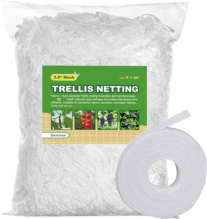 BaseGoal All-Weather Trellis Netting Mesh Plant Garden Vine Growing Flexible String Net (3.5" Mesh ployester, 5' Wx 30'L)