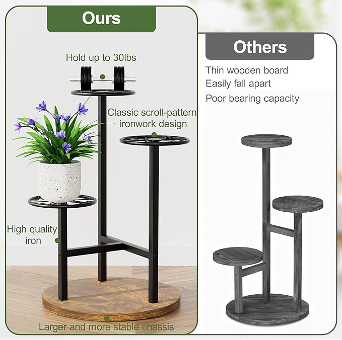Metal Black Plant Stand Indoor Outdoor,3 Tier Tall Flower Pot Holder Potted Display Rack Shelf, Heavy Duty Plant Shelf for Patio Garden Balcony Living Room Bedroom - BlackS