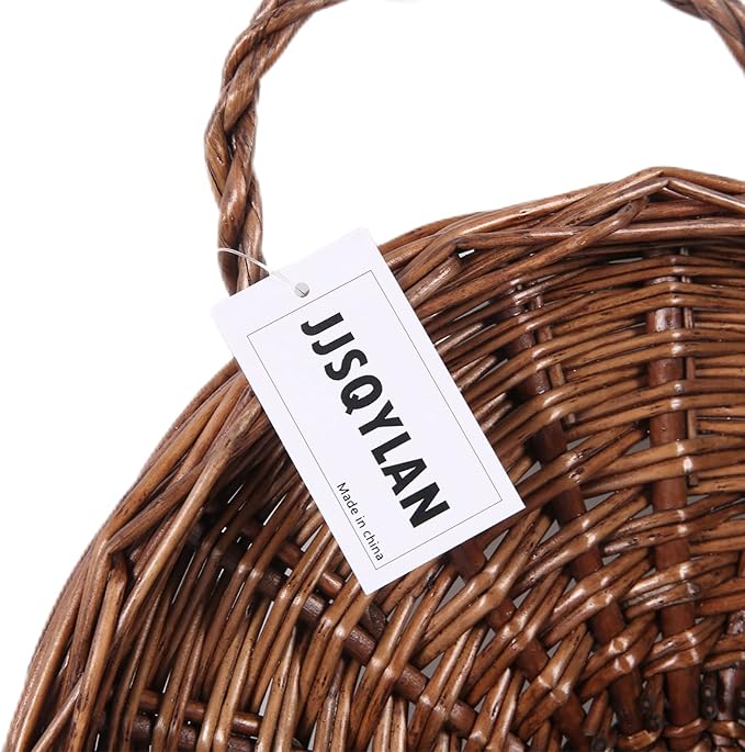 JJSQYLAN JJSQ Handmade Woven Wicker Hanging Storage Basket, Wall Decorations for Home Garden Wedding, Brown, 14.2×11.8×4.7 inch