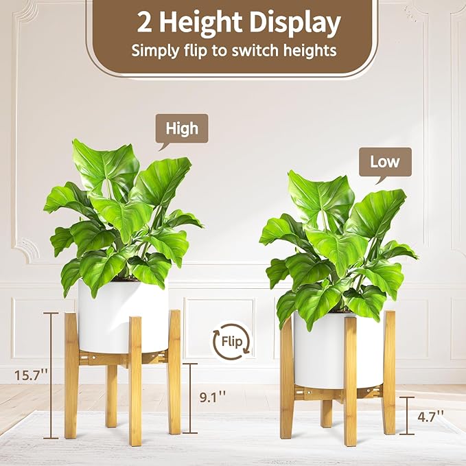 LASZOLA Bamboo Adjustable Plant Stand for Single Large Indoor Planters, Heavy Duty Floor Fern Holder Fits 8 to 12 Inch Pots, Mid Century Elevated Big Stool for Flower– Pot Not Included, Walnut, 2 Pack