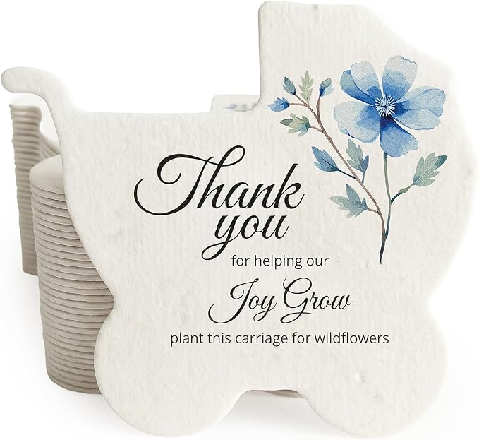 24pcs Blue Carriage-Shaped Gift Tags with Wildflower Seeds - Writable Gift Wrap Tags for Baby Showers, Mother's Day Present, Party Favors, DIY Crafts, & Earth Day Decorations