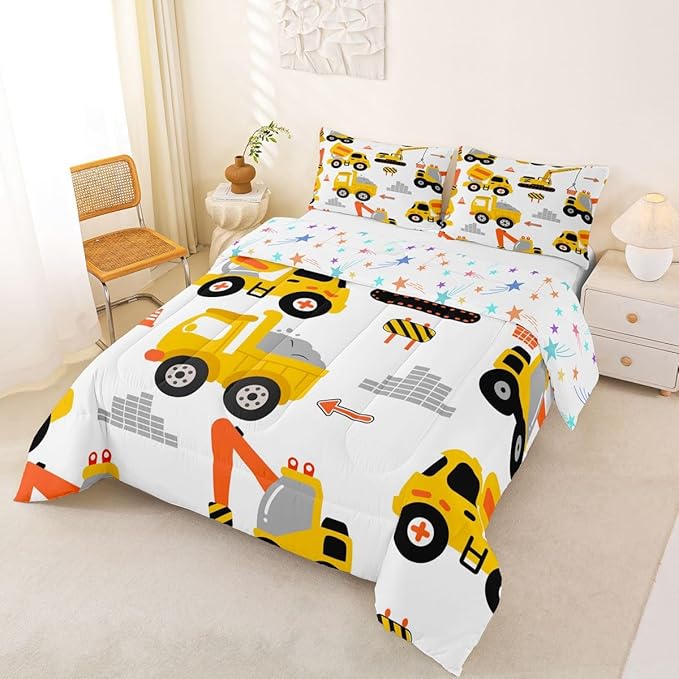 Feelyou Cartoon Car Comforter Set Kids Construction Comforter for Boys Equipment Trucks Bedding Set Breathable Cartoon Yellow Car Excavator Tractor Duvet Set Room Decor Quilt Set Full Size