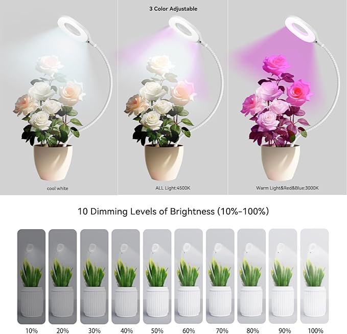 Grow Lights for Indoor Plants, Clip-on Full Spectrum Grow Lamp, Red Blue White Plant Light with 4/8/12H Timer, 10 Level Dimmable for Small Plants Succulents Seedlings, 2 Packs