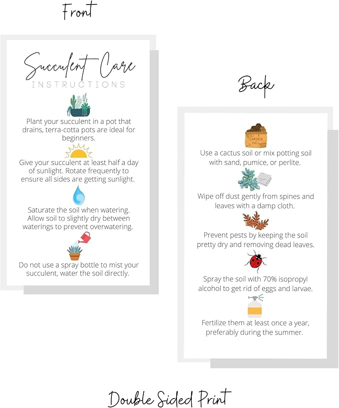 Succulent Care Instruction Cards | 50 Pack | 2x3.5” in Business Card | Succulent Care Cards | Plant Care Guide for House Sitter, Neighbor, Friend | White Card with Colored Icon