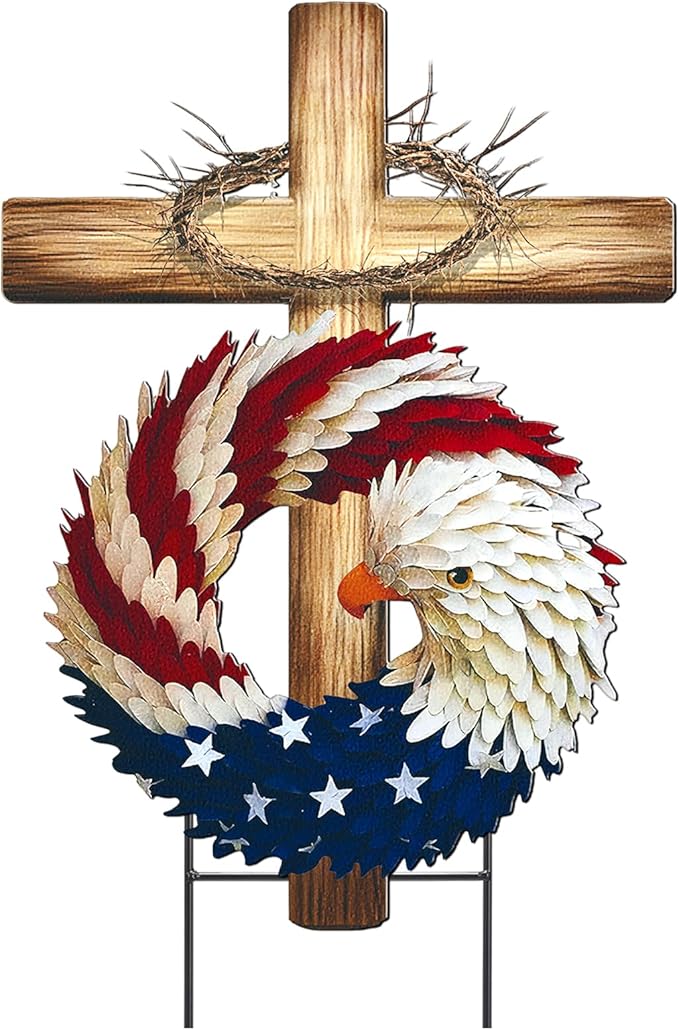 Amyhill 4th of July Outdoor Decor Patriotic Eagle Cross Metal Garden Stakes 250th Anniversary Welcome Yard Signs Decorations Red White Blue Garden Stakes for Independence Patio Lawn Walkway Outside