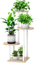 4 Tier Wood Tall Plant Stand Metal Rack Indoor, Multiple Flower Pot Holder Shelves Corner Rack, Round Planter Shelf Display Rack Storage Organizer for Patio Living Room Balcony(White+Oak)